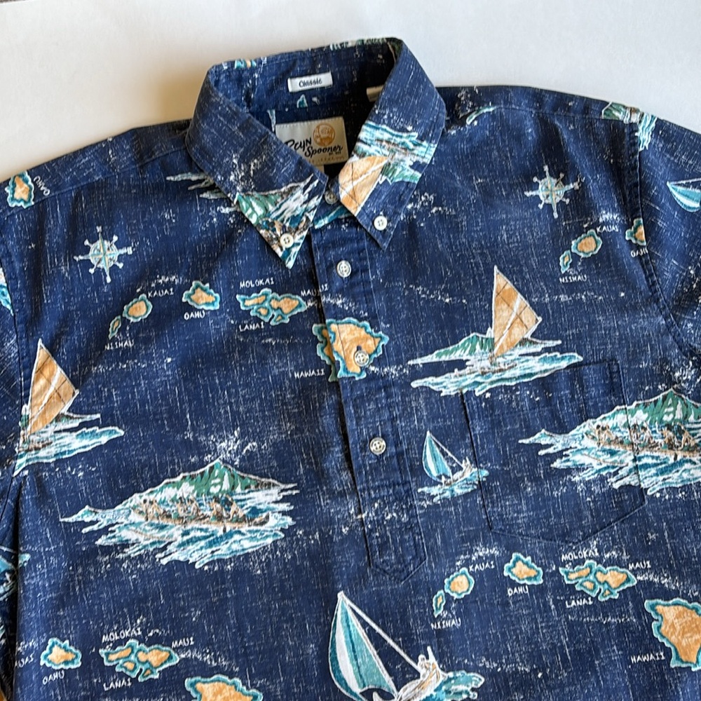 Vintage Reyn Spooner Rev Print Hawaiian Sailboat Blue Pullover‎ Shirt Mens Small